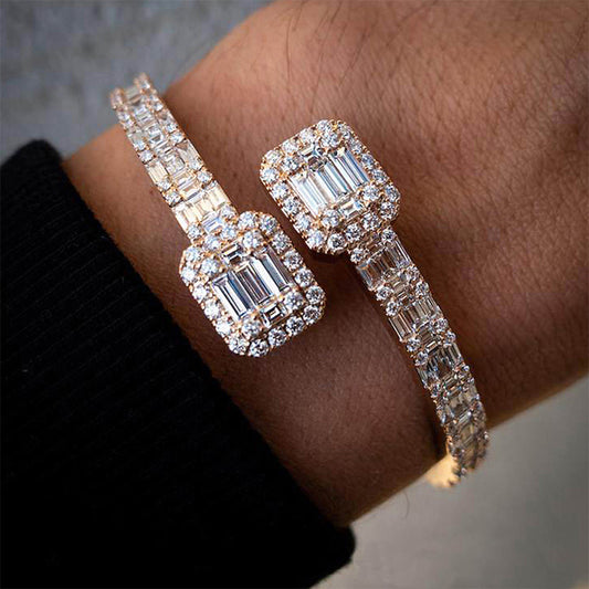 Rectangular Diamond Open Hip Hop Bangle Bracelet