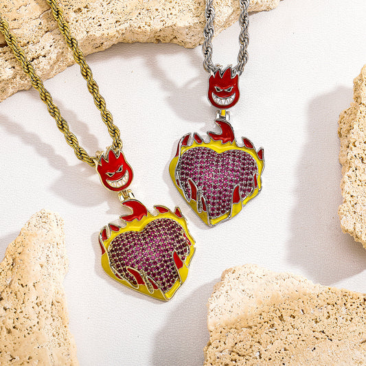 Hip Hop Painted Oil Flame Heart Pendant