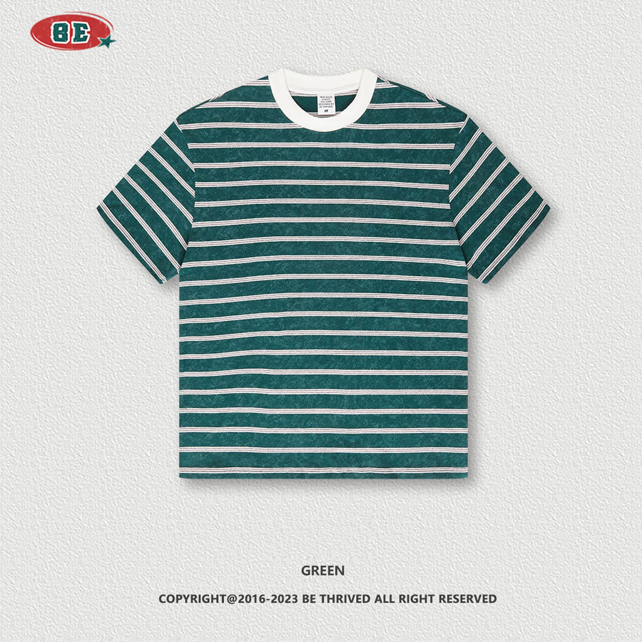 2023 Spring/Summer 280G Retro Washed Stripes Contrasting Color Round Neck Short Sleeve T-Shirt Couple Shirt
