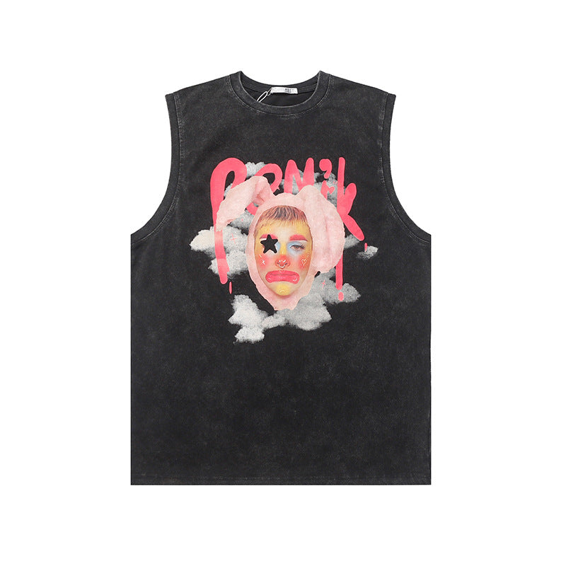 Dopamine Washed Old Retro Clown Vest Couple Sleeveless T-Shirt